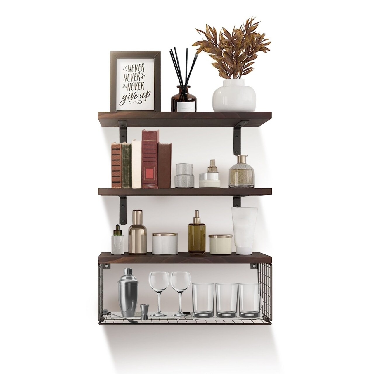 SKUSHOPS 2 In 1 Floating Shelves Wall Mounted with Storage Basket Bathroom Shelves Over Toilet Wooden Shelves for Bedroom Living